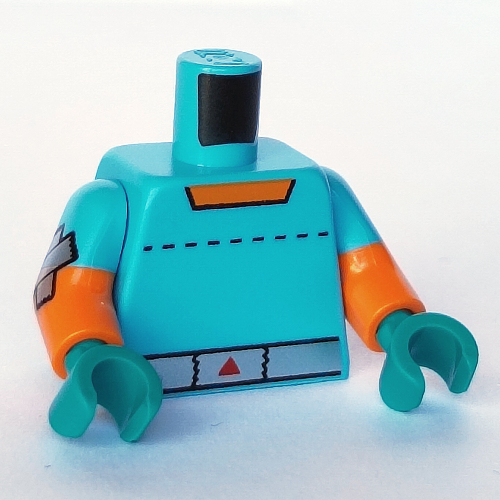 Torso, Dual Molded Arms, Silver Belt with Red Triangle print, Medium Azure Sleeves Pattern, Orange Arms with On/Off Switch Print, Dark Turquoise Hands Medium Azure