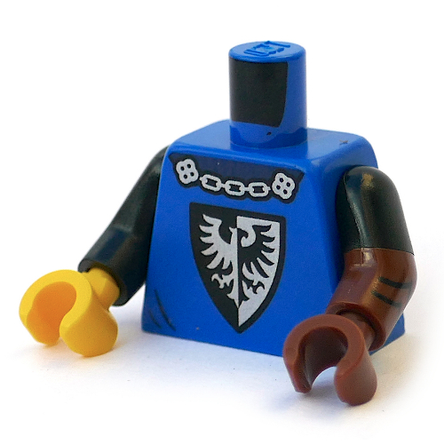 Torso, Odd Dual Molded Arms, Black Falcon Symbol print, Left Black Sleeve Pattern, Reddish Brown Arm and Hand, Right Black Arm, Yellow Hand Blue