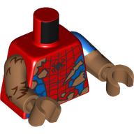 Torso, Dual Molded Arms, Torn Red/Blue Spider Man Suit, Fur print, Left Blue Sleeve Pattern, Medium Nougat Arms and Hands Red