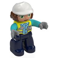 Duplo Figure with Construction Helmet White, Reddish Brown Hair, with Vibrant Yellow Vest, Dark Blue Legs Leuchtgelb