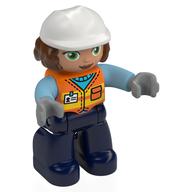 Duplo Figure with Construction Helmet White and Reddish Brown Hair, Dark Blue Legs, Safety Vest Print Orange