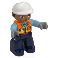 Duplo Figure with Construction Helmet White and Black Hair, Dark Blue Legs, Safety Vest Print Orange