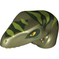 Animal Body Part, Dinosaur, Raptor Head with Tan Teeth and Dark Green and Lime Stripes Print in Olive Green