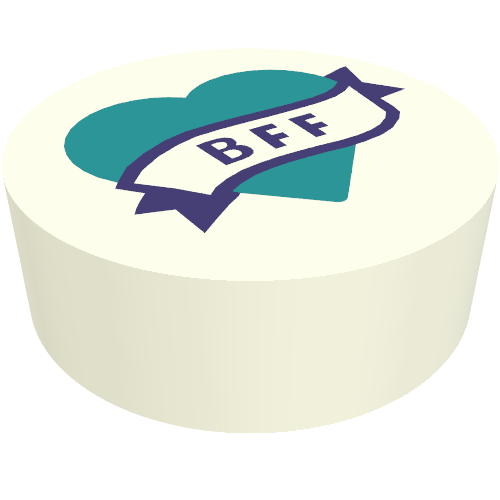 Tile Round 1 × 1 with Dark Purple Banner 'BFF' on Dark Turquoise Heart Weiß