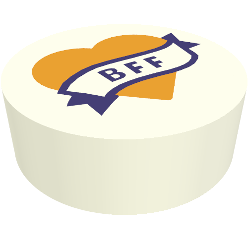 Tile Round 1 × 1 with Dark Purple Banner 'BFF' on Bright Light Orange Heart Weiß
