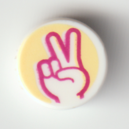 Tile Round 1 × 1 with Magenta/White Hand with Peace Sign Fingers on Bright Light Yellow Background print White