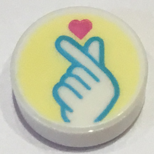 Tile Round 1 × 1 with Medium Azure Hand, Finger Snap, Heart on Bright Light Yellow Background print White