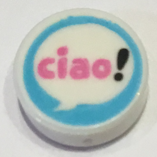 Tile Round 1 × 1 with Speech Bubble, Dark Pink 'ciao!' on Medium Azure Background print White
