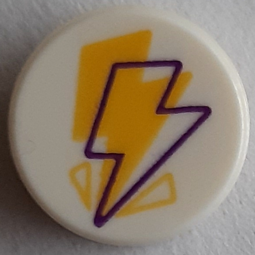 Tile Round 1 × 1 with Yellow/Magenta Lightning Bolt print White