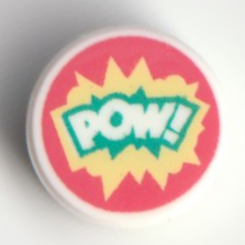 Tile Round 1 × 1 with 'POW', Dark Turquoise/Bright Light Yellow Outline on Coral Background print Weiß