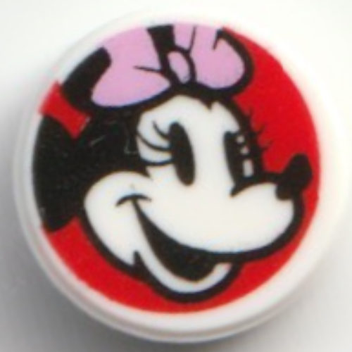Tile Round 1 × 1 with Minnie Mouse, Sideways on Red Background print Weiß