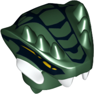 Minifig Head Special, Snake with Horns and Scales Black, Yellow Eyes, and White Teeth Print (Lizaru) Dark Green