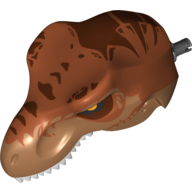 Tierteil, Dinosaurier, Tyrannosaurus Rex Kopf mit Pin, weiße Zähne, dunkelorange Oberseite und dunkelbraune Streifen (bedruckt) Mittelnougat