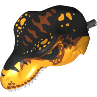 Animal Body Part, Dinosaur, Tyrannosaurus Rex Head with Pin, White Teeth, Black and Dark Orange Top and Black and Bright Light Orange Spots Print Bright Light Orange