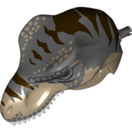 Animal Body Part, Dinosaur, Tyrannosaurus Rex Head with Pin, Light Bluish Grey Teeth, Dark Bluish Gray Top and Dark Brown Stripes Print Dunkelbeige