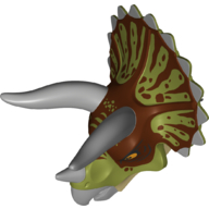 Animal Body Part, Dinosaur, Triceratops Head with Reddish Brown and Olive Green Brindle, Light Bluish Gray Horns Olive Green