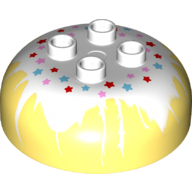 Duplo Brick Round 4 × 4 Dome Top with 2 × 2 Studs - Marbled White 'Frosting' with Red, Medium Azure, and Pink Stars Print Leuchtendes Hellgelb