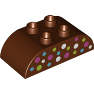 Duplo Brick 2 × 4 Curved Top with Purple, Medium Blue, White and Green dots print Rotbraun