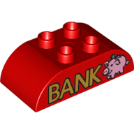 Duplo Brick 2 × 4 Curved Top with Gold 'BANK' and Pink Piggy Bank print Red