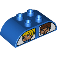 Duplo Brick 2 × 4 Curved Top with Double Windows, Figures on Both Flat Sides - Side A Male and Dog - Side B Male and Female in Blue