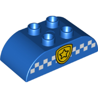 Duplo Brick 2 × 4 Curved Top with Gold Police Badge and White Checked Print Blue