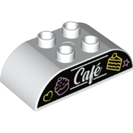 Duplo Brick 2 × 4 Curved Top with Cakes and 'Cafe' Print White