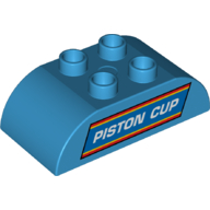 Duplo Brick 2 × 4 Curved Top with White 'PISTON CUP' Print Dark Azure