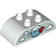 Duplo Brick 2 × 4 Curved Top with Airplane Circling Globe, Clouds Print White