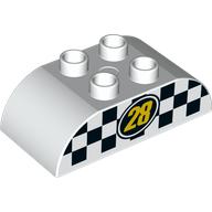 Duplo Brick 2 × 4 Curved Top with Yellow '28' with Black and White Checkered Print Weiß
