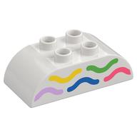 Duplo Brick 2 × 4 Curved Top with Yellow, Green, Bright Pink, Blue, and Coral Wavy Lines Print in Weiß