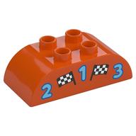 Duplo Brick 2 × 4 Curved Top with 2 Checkered Flags and '1', '2', and '3' print Reddish Orange