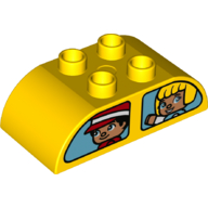 Duplo Brick 2 × 4 Curved Top with Boy and Blond Haired Girl / Red Haired Girl and Rabbit in Windows Print Gelb