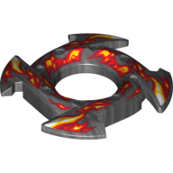 Ring 4 × 4 with 2 × 2 Hole and 4 Arrow Ends with Yellow and Red Flames Print (Ninjago Spinner Crown) Pearl Titanium