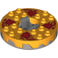 Turntable 6 × 6 Round Flat Silver Base Serrated with Red Faces with Flames Print (Ninjago Spinner) Bright Light Orange