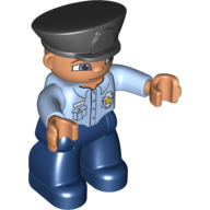 Duplo Figure with Police Style Hat Black, with Dark Blue Legs, Light Blue Top with Badge, Nougat Hands, with Blue Eyes Leuchtendes Hellblau