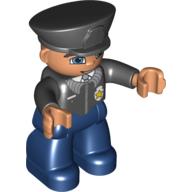 Duplo Figure with Police Style Hat Black, with Dark Blue Legs, Black Top with Badge, Black Arms, Blue Eyes Black