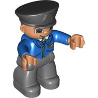 Duplo Figure with Police Style Hat Black, with Dark Bluish Gray Legs, Blue Jacket with Mail Horn, with Smile with No Teeth Blau