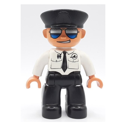 Duplo Figure with Police Style Hat Black, with White Top with Airplane Logo and Black Tie, Sunglasses, Black Legs Weiß