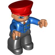 Duplo Figure with Police Style Hat Red, with Black Legs, Blue Jacket with Tie, Nougat Hands, Red Hat, Smile, Moustache Print (Train Conductor) Blau
