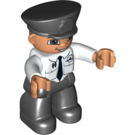 Duplo Figure with Police Style Hat Black, Airplane Logo and Black Tie, Black Legs White