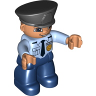Duplo Figure with Police Style Hat Black, with Bright Light Blue Top with Badge and Tie, Nougat Face and Hands, and Dark Blue Legs Leuchtendes Hellblau