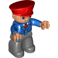 Duplo Figure with Police Style Hat Red, with Dark Bluish Gray Legs, Blue Jacket with Tie, Smile with Teeth (Train Conductor) Blue