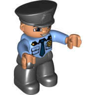 Duplo Figure with Police Style Hat Black, with Medium Blue Top with Pockets and Badge, Black Legs Medium Blue