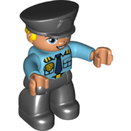 Duplo Figure with Police Style Hat Black, with Black Legs, Police Badge, Dark Blue Tie, Pockets Print Mittelazur