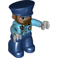 Duplo Figure with Police Style Hat Dark Blue, with Dark Blue Legs, Dark Brown Beard, Shirt with Police Badge and Radio Print Mittelazur