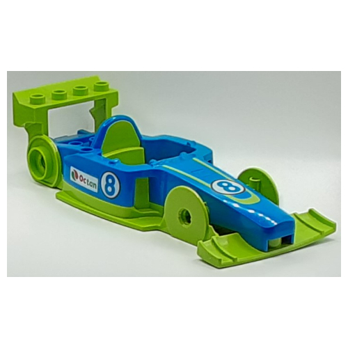 Duplo Toolo Formula Car Chassis Assembly with Blue Top and Number 8 and Octan Logo Print Limette