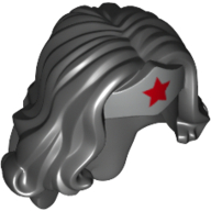 Hair and Tiara, Long Wavy, Silver Tiara with Red Star Print (Wonder Woman) Black