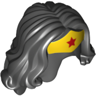 Hair and Tiara, Long Wavy, Yellow Tiara with Red Star Print (Wonder Woman) Schwarz