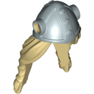 Hair and Helmet, Long with Side Holes, Viking Helmet Metallic Silver Pattern Tan