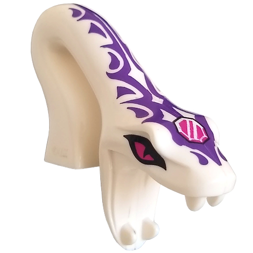 Minifig Head Special, Snake, Arched with Open Mouth and Dark Pink Eyes, Dark Purple Markings Print Weiß